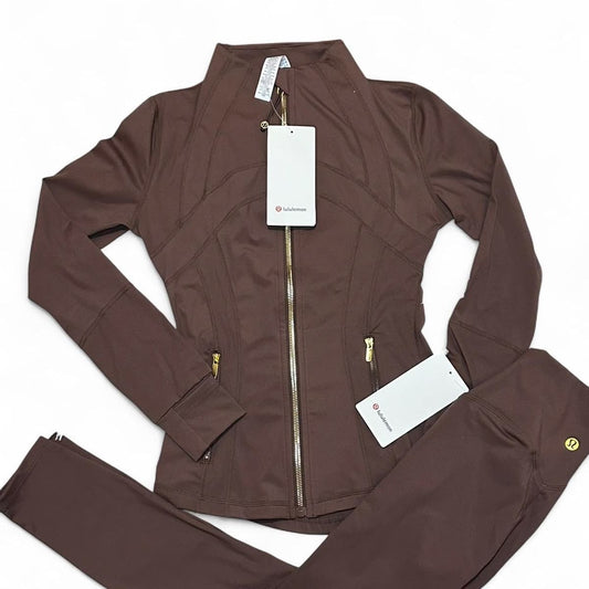 Brown Nulu Cropped Define Jacket & Legging Set | Gold Zip Activewear Set